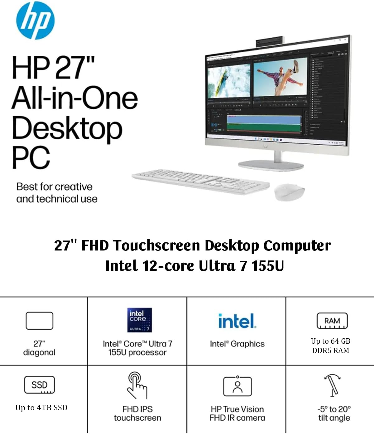 HP All-in-One Desktop - 27'' FHD Touchscreen Computer, Windows 11 Pro, Intel 12-core Ultra 7 155U(Beats i7-1355U), Wi-Fi 6, Bluetooth, Adjustable Height, Anti-Glare (64GB RAM | 4TB SSD)