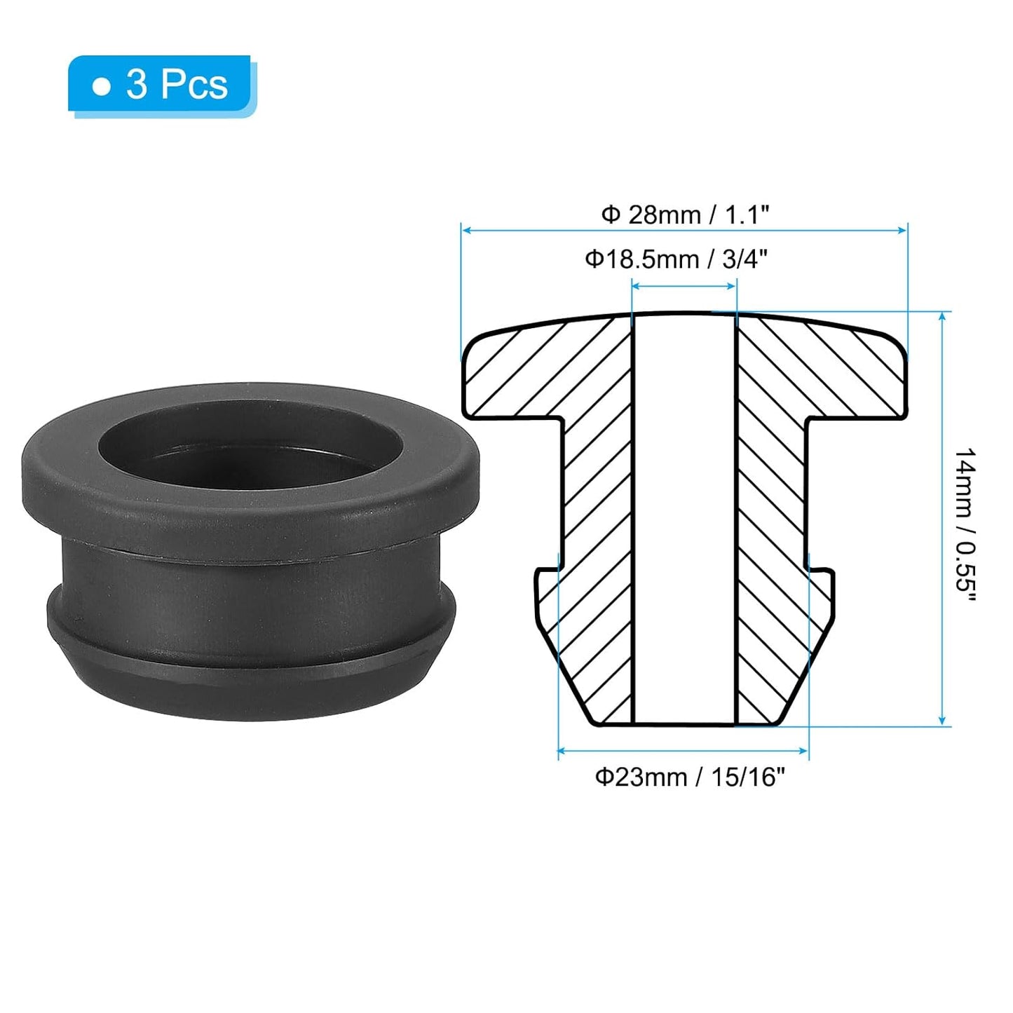 PATIKIL 23mm / 15/16 Inch Drill Hole,3/4 Inch ID Rubber Grommets, 3Pcs Top Hat Grommet for Wiring Eyelet Ring Gasket Automotive Firewall Cable Hole Plugs Wires Protection, Black
