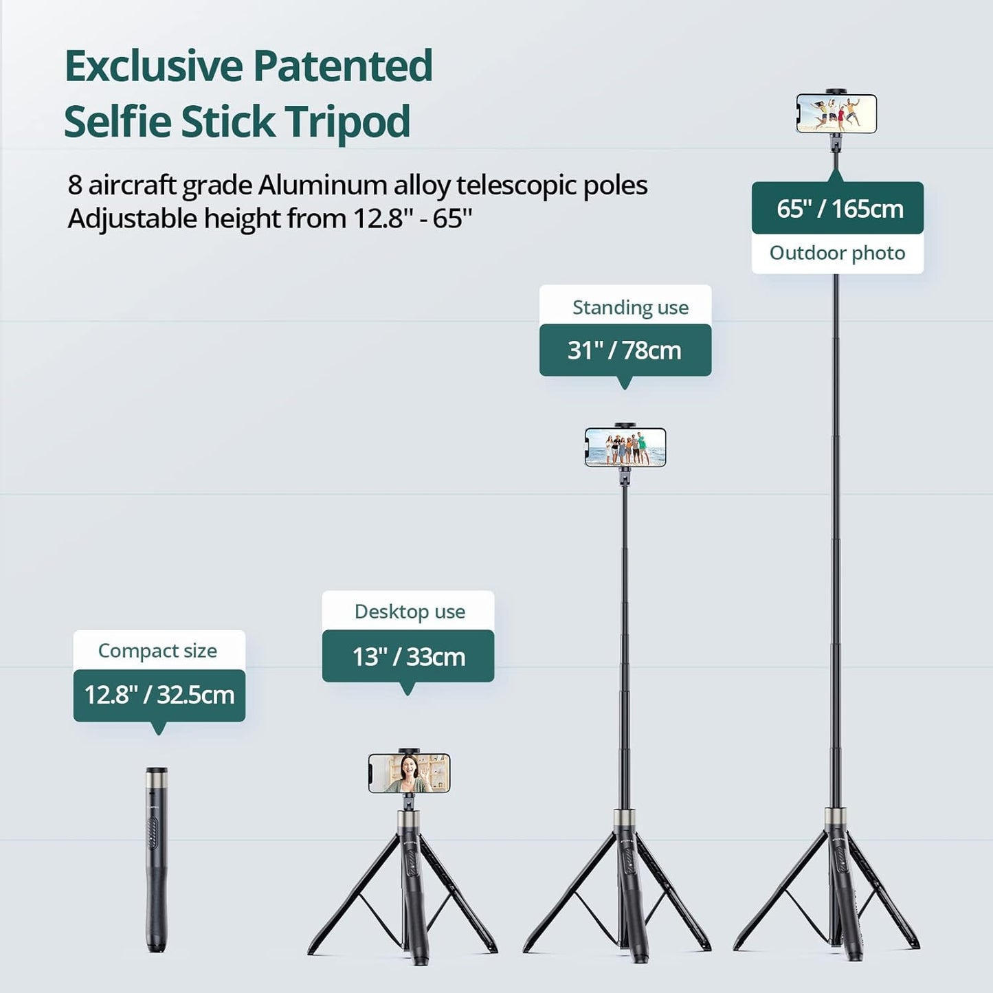 ATUMTEK 65" Selfie Stick Tripod, All in One Extendable Phone Tripod Stand with Bluetooth Remote 360° Rotation for iPhone and Android Phone Selfies, Video Recording, Vlogging, Live Streaming, Black