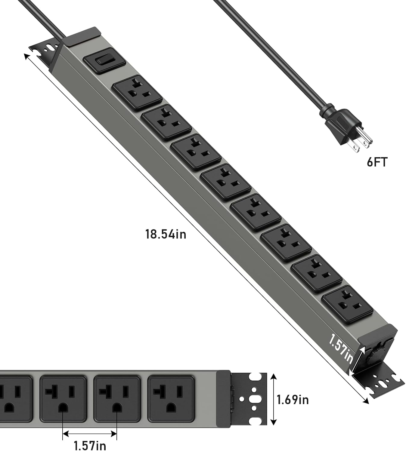 JUNNUJ Heavy Duty Power Strip Wall Mount,Magnetic Power Strip,20 Amp Surge Protector 1200J Metal 8 Outlet Under Desk,Garage Mountable Power Bar Table Socket Industrial Outlets 6-20R T-Slot,6FT 12AWG