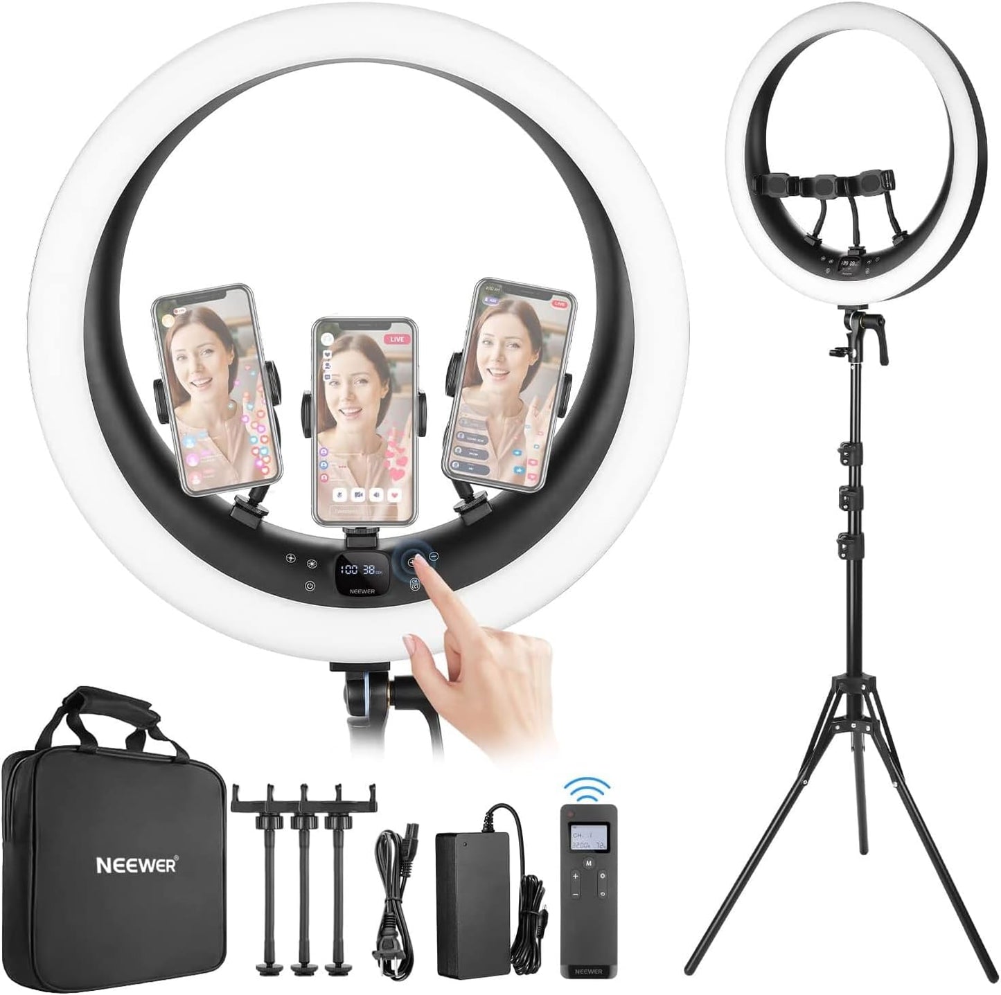 NEEWER RP19H Ring Light 19 Inches with Stand and 3 Phone Holders, Upgraded Touch Control, Smooth Dimming at 1%, 42W CRI 97+ 2540lux, Professional for Streaming Home Office Zoom Call Lighting