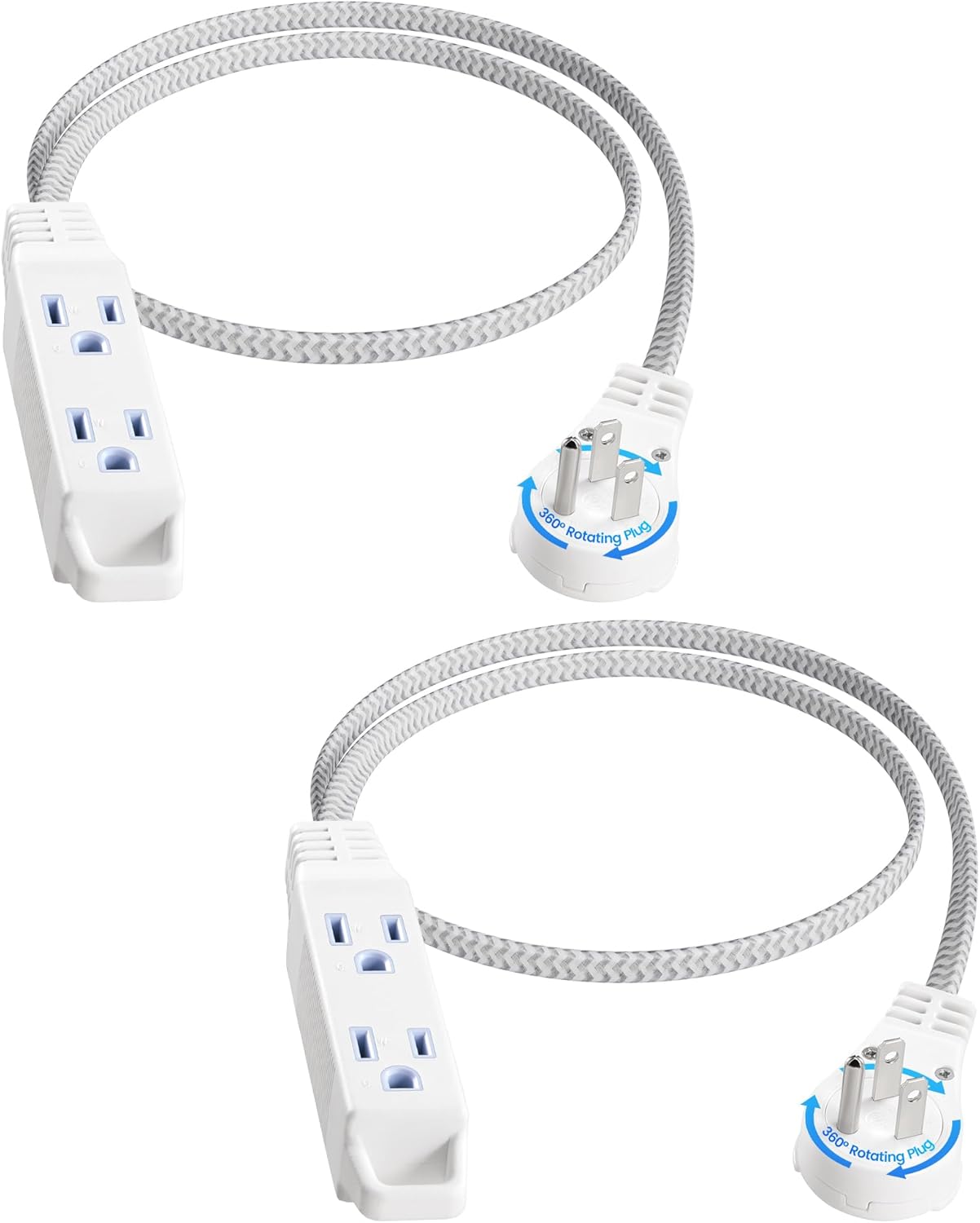 SURAIELEC Flat Extension Cord 3FT, 360° Rotating Flat Plug Extension Cord with 3 Outlets, Braided White Cord for Indoor Use, Small Space, Compact Areas, 16/3C SPT, ETL Listed, 2 Pack