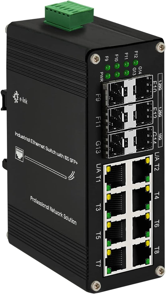 Industrial 8-Port Gigabit Ethernet Plus Switch with 2x10G SFP+ and 4x1.2.5G SFP, 10/100/1000Mbps, DIN Rail Mount Unmanaged Ethernet Fiber Switch