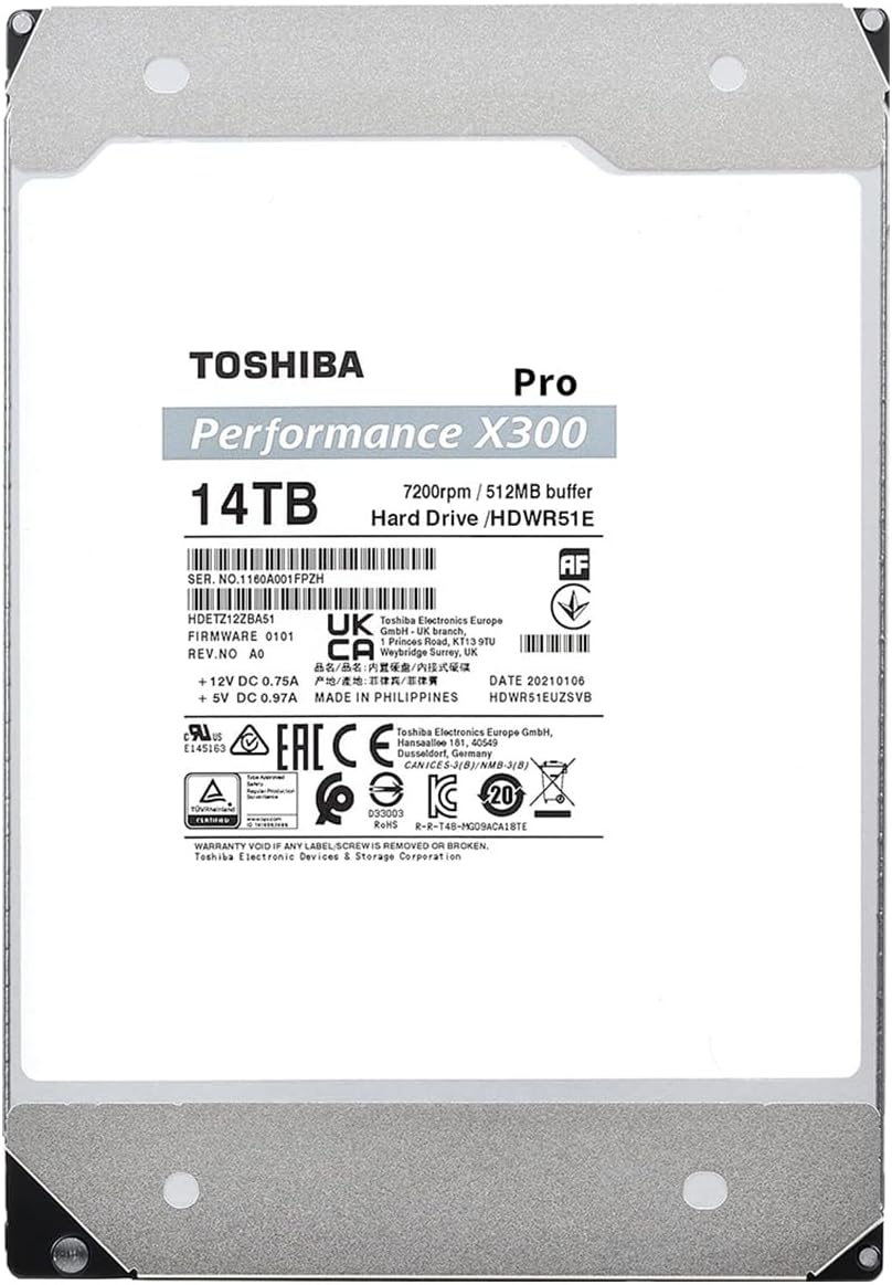 Toshiba X300 PRO 14TB High Workload Performance for Creative Professionals 3.5-Inch Internal Hard Drive – Up to 300 TB/Year Workload Rate CMR SATA 6 GB/s 7200 RPM 512 MB Cache - HDWR51EXZSTB