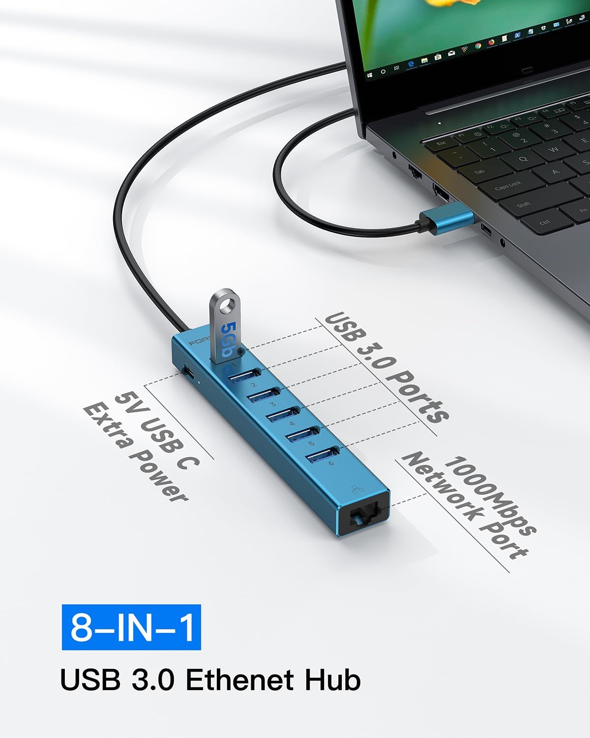 7 Ports USB 3.0 Hub, USB to Network HUB with 3.9ft Long Cable for Laptop, USB Splitter with Gigabit Ethernet Port and 5V/3A Power Port, MultiPort Aluminum Hub for iMac, PC, Flash Drives (Blue)