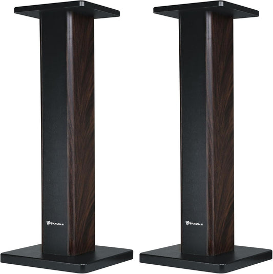 Rockville Pair RHT28D 28" Bookshelf Speaker Stands, Dark Wood Grain, 60 lbs Capacity, Sand-Fillable Design, Dual Platform Sizes, Anti-Slip Pads, for Home Theater and Studio Monitors