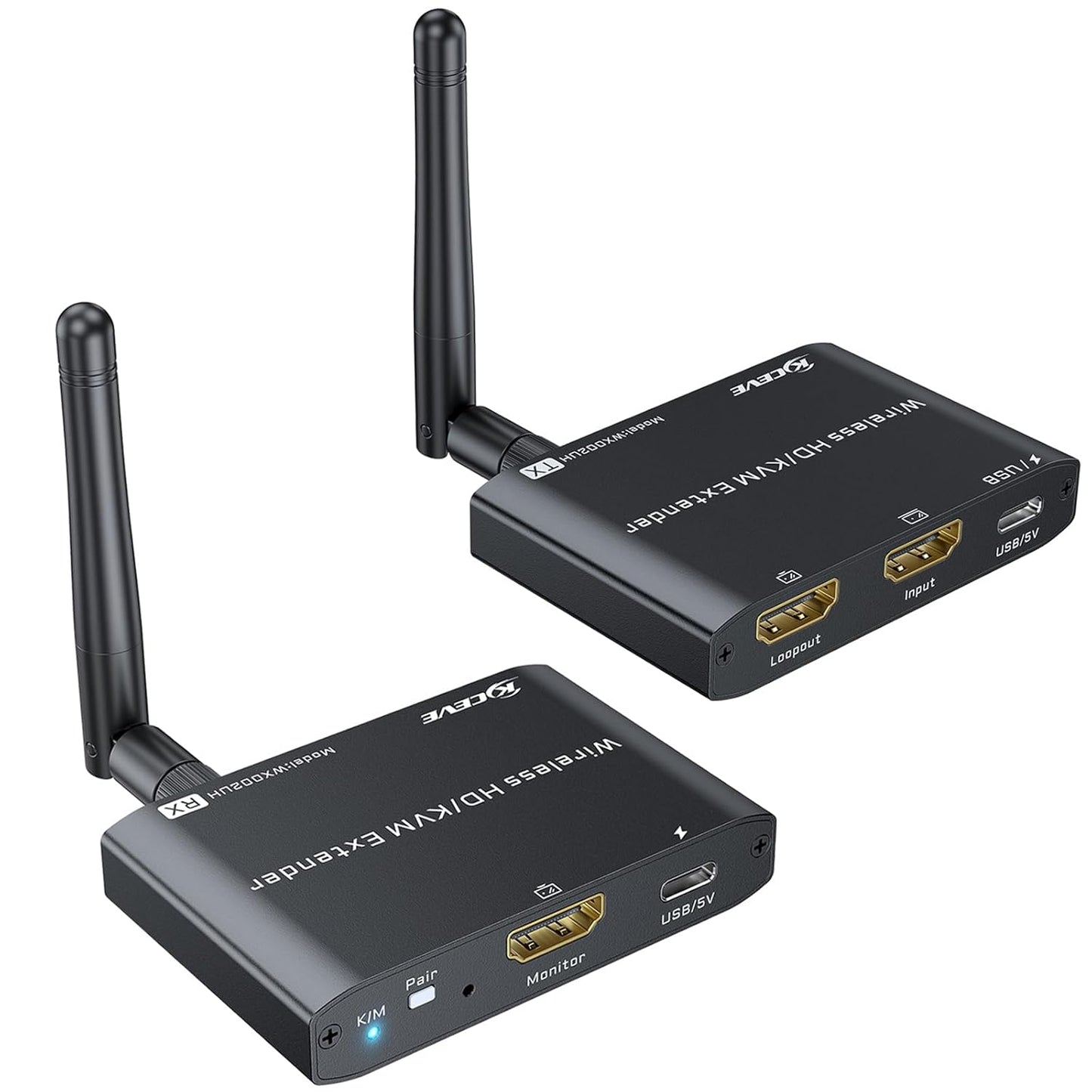HDMI KVM Wireless Transmitter and Receiver 200M/660FT, HDMI USB KVM Extender 1 PC 2 Monitors Share Keyboard and Mouse, Loop Out, 1080P@60Hz,with 2 USB Cables