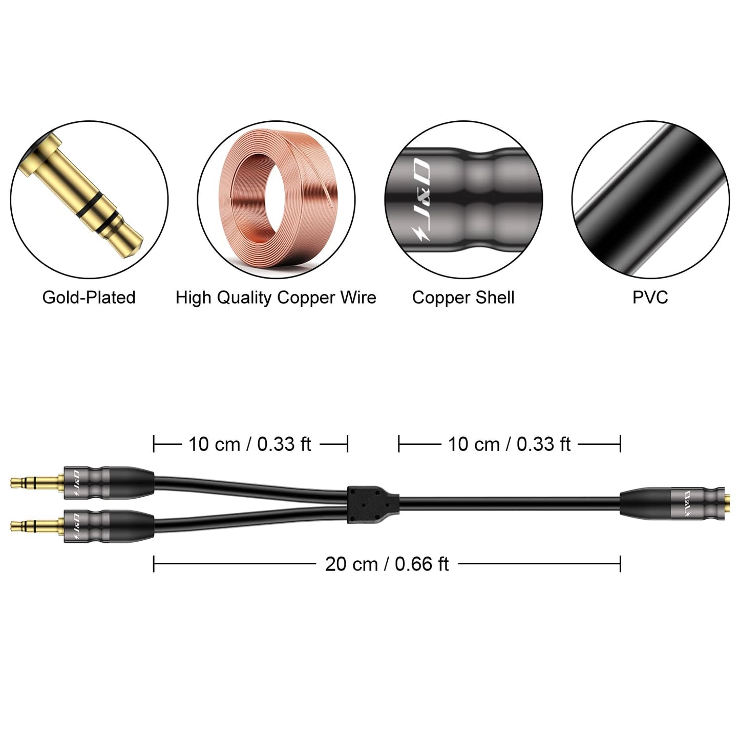 J&D 3.5 mm to 2X 3.5 mm Cable, Gold Plated Joint Copper Shell Heavy Duty 3.5mm 1/8 inch TRS Female to Dual 3.5 mm 1/8 inch TRS Male Y-Splitter Stereo Audio Adapter Cable, 0.65 Feet