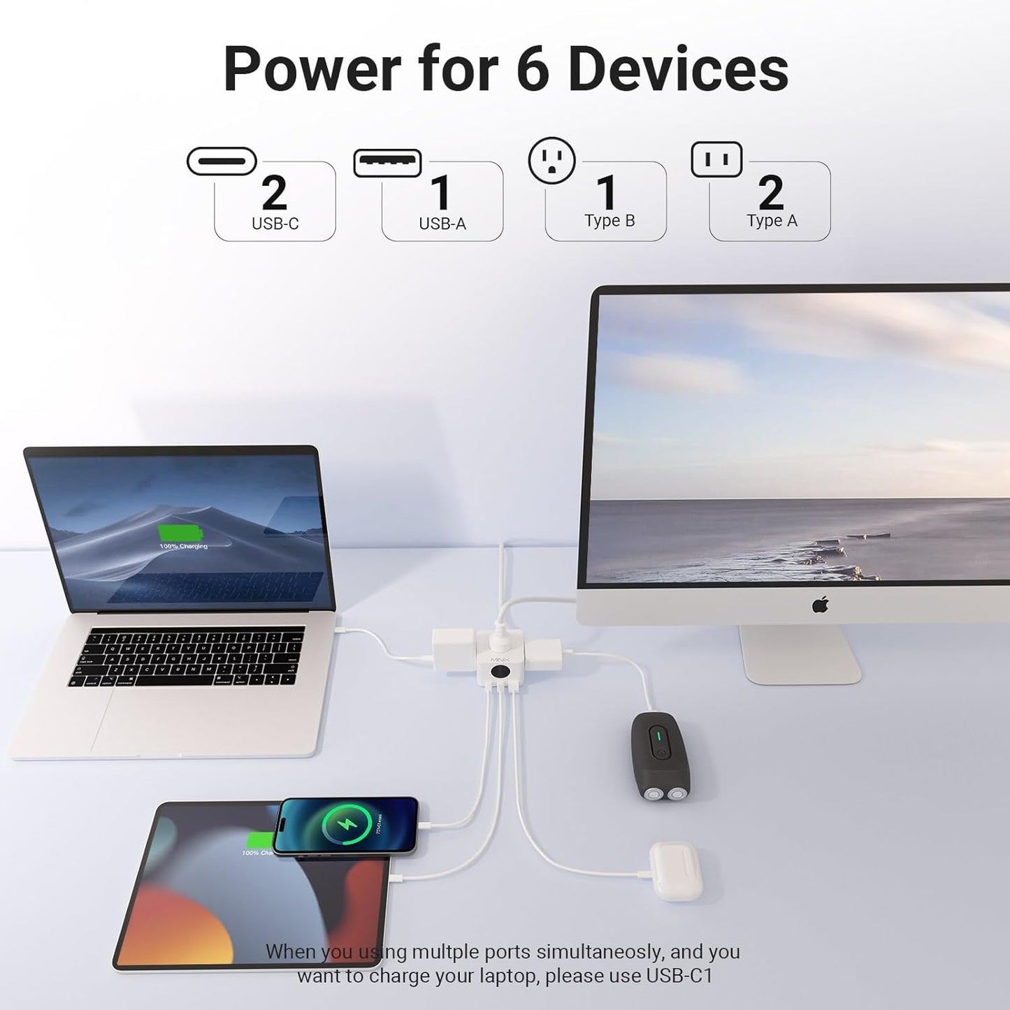 MINIX 67W USB C Charger with 3 Outlets, Gan 3-Port Compact Cube Fast Power Strip Surge Protection, 5ft Extension Cord, for MacBook Pro/Air, iPhone 15/14/Pro, Galaxy S23/S22, for Dorm, Home & Office