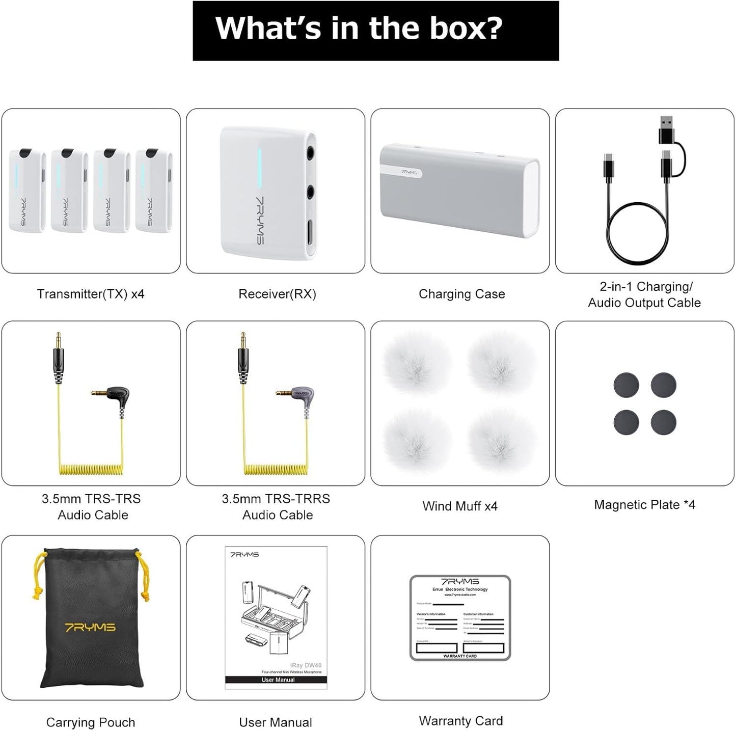 7RYMS iRay DW40 Wireless Lavalier Microphone with Four Transmitters One Charging Case Support AI Denoise, 48kHz/24bit Recording for Video Vlog, Interview, Live Streaming, Podcasting-White