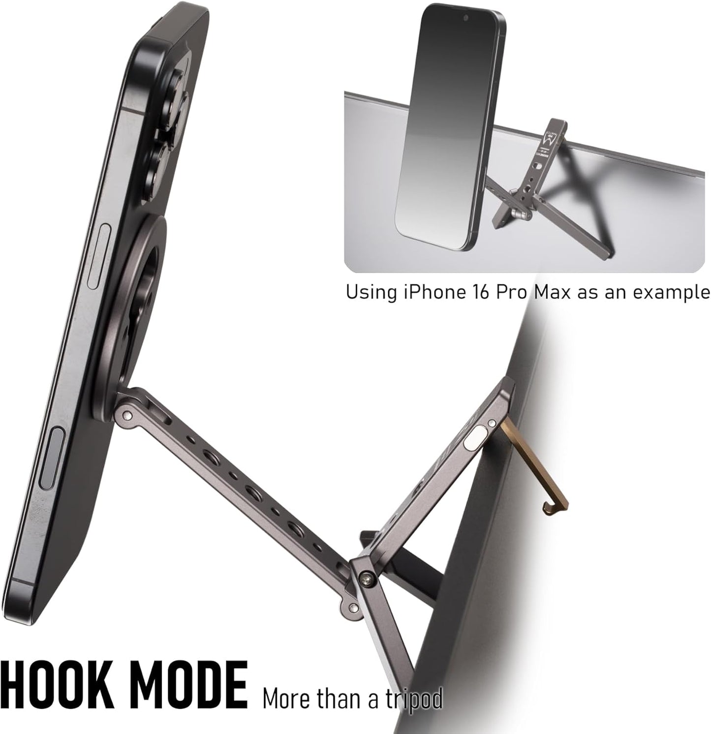 Magnetic Tripod for iPhone 12/13/14/15/16 & MagSafe Cases | Handy Phone Stand | 20 N52 Magnets Inside, Cold Shoe Mount, 1/4" Screw & Foldable Hook