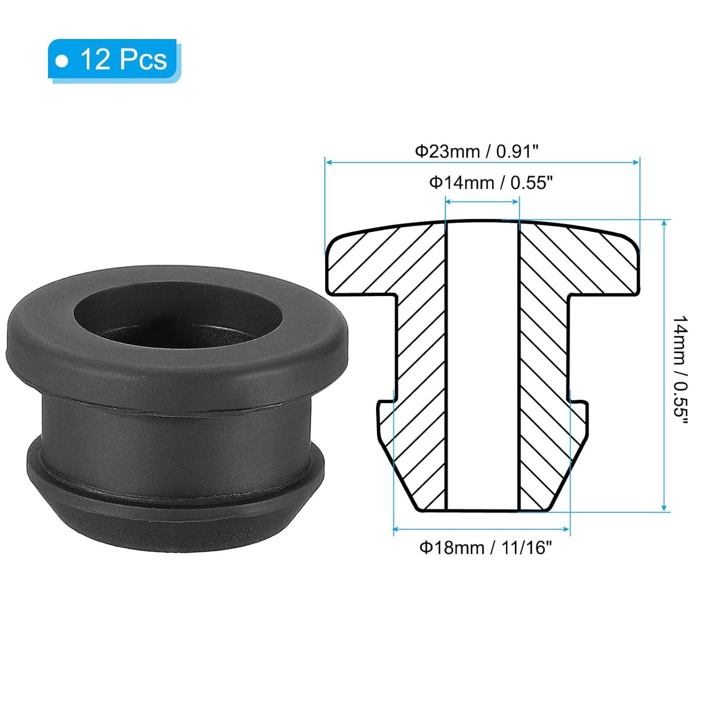 PATIKIL 18mm / 11/16 Inch Drill Hole,9/16 Inch ID Rubber Grommets, 12Pcs Top Hat Grommet for Wiring Eyelet Ring Gasket Automotive Firewall Cable Hole Plugs Wires Protection, Black