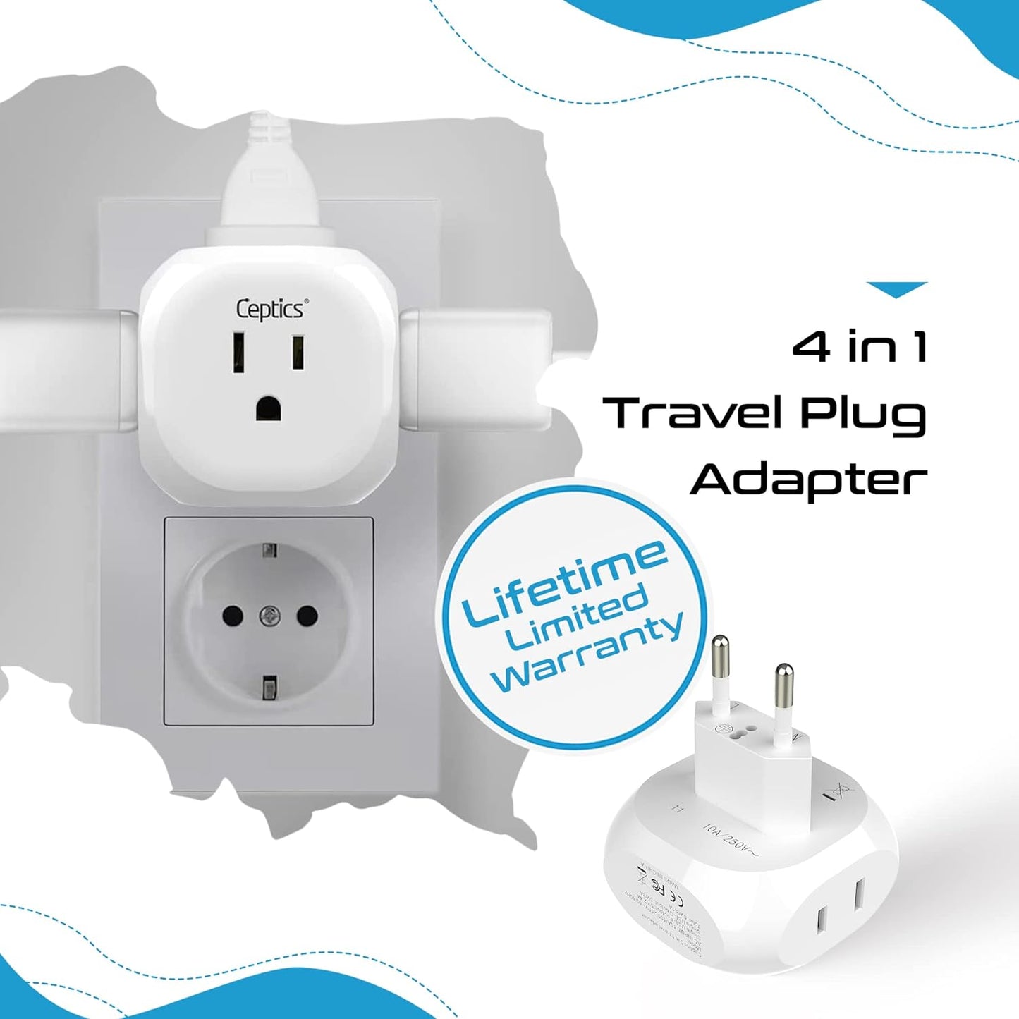 Ceptics European Travel Plug Adapter Europe Power Adaptor Charger 4 Input - Ultra Compact - Light Weight - USA to Any Type C Countries Such as Italy, Iceland, Austria and More - 2 Pack (PT-9C)