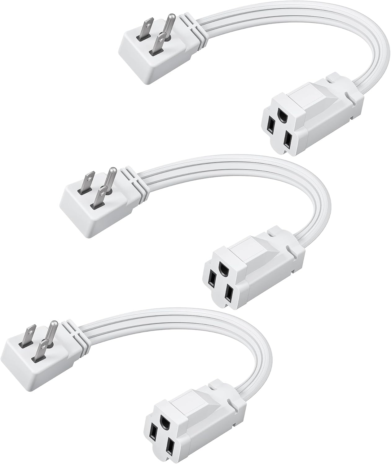 DEWENWILS Heavy Duty 1 Ft Extension Cord with 3-Prong Flat Plug, 15A/1875W 14/3 SPT-3 Flat Wire, Space-Saving for Home Office Appliances & Electronics, ETL Certified, 3-Pack (White)