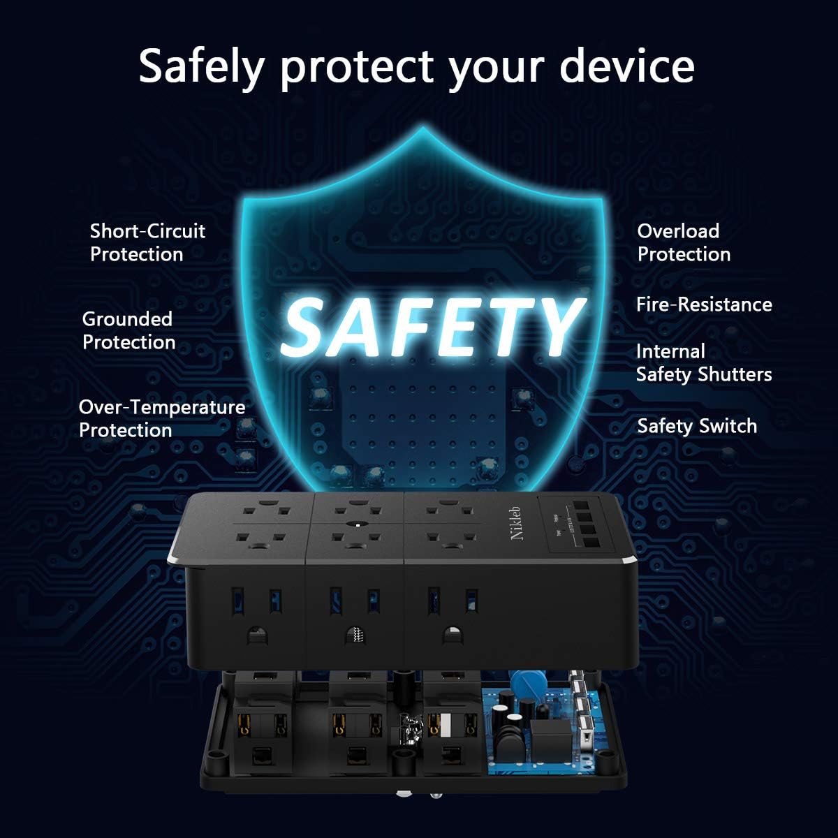 Surge Protector Nikleb, Wall Outlet with 4 USB Ports 5V 4.8A Total, 12 Multi Outlet Extender, Multiple USB Plug Adapter Wall Mount, Phone Chargier Organizer with Phone Holder, Heavy Duty