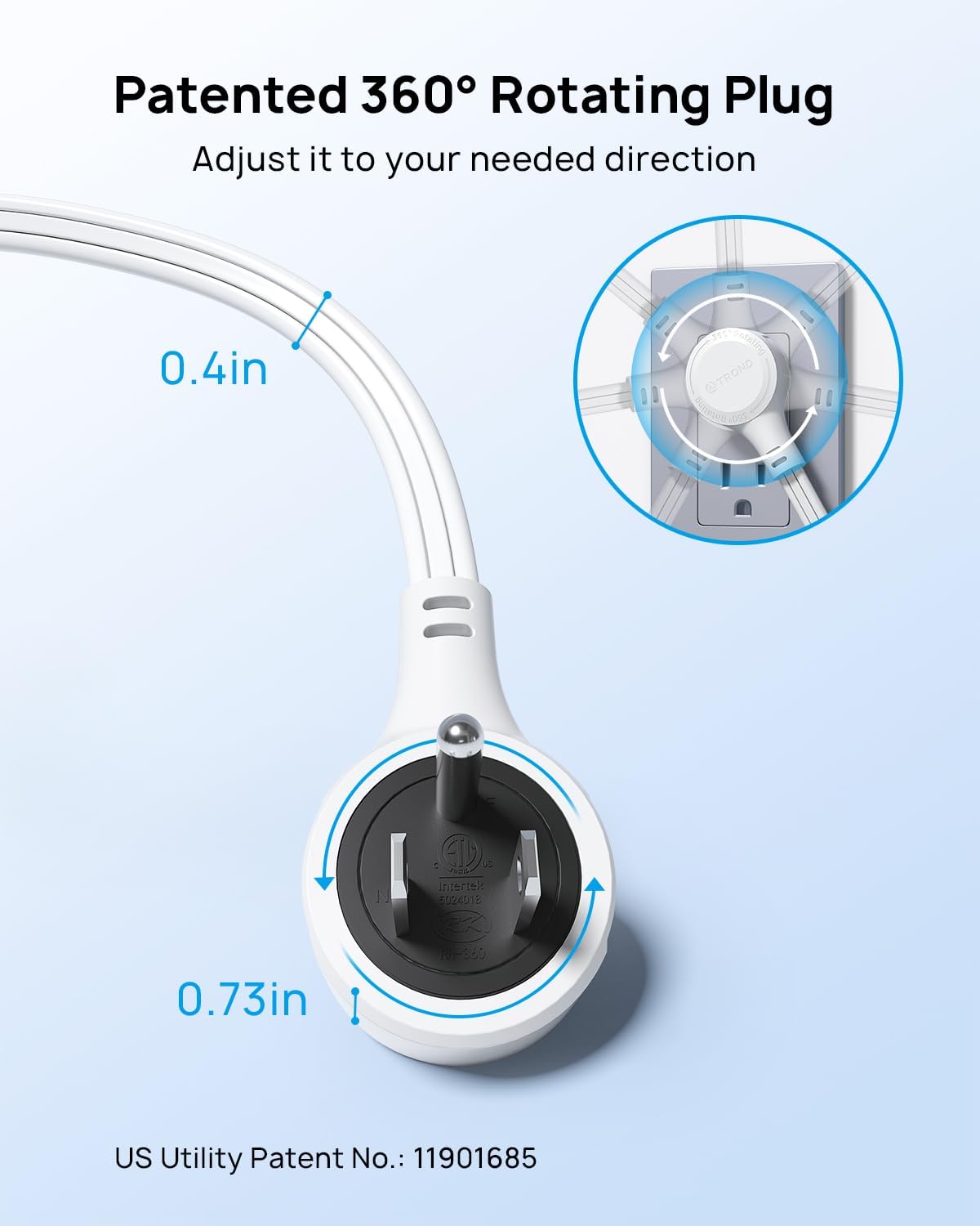 TROND Short Extension Cord 3ft with 360° Rotating Flat Plug, Low Profile Small Power Strip, Three Prong Grounded Outlets Cube, 13A, 16 AWG Cable for Indoor Home Office Cruise Travel Essentials, White