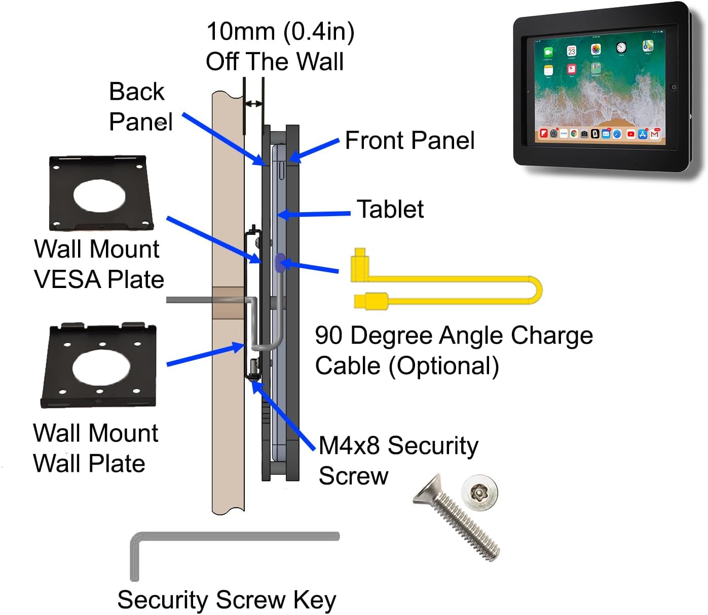 TABcare Anti-Theft Acrylic VESA Enclosure for Apple iPad Pro 13" 2024 with Wall Mount Kit & 90-Degree Angle USB C Cable (iPad Pro 13" 2024, Clear)