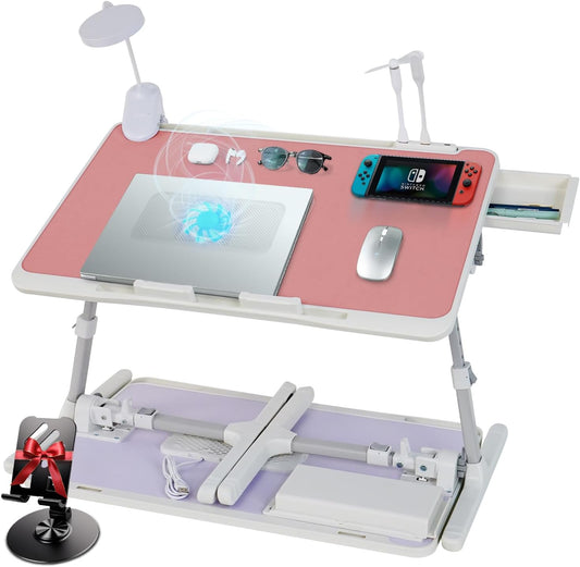 Laptop Lap Desk Include Cooling Fan,Adjustable Lap Desk with Light Fan,Folding Laptop Desk for Bed with USB,Bed Desk with Storage Drawer 60x40cm,Pink