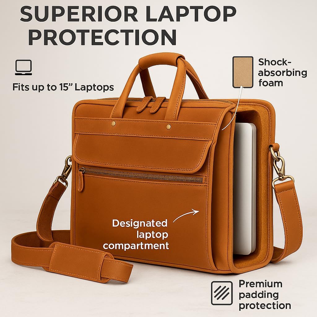 Luxorro Full Grain Leather Briefcase for Men, Light Brown, 17"(W) x 13"(H) x 5"(D), Fits 15.6 Inch Laptop