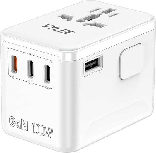 PD100W GaN Universal Travel Adapter, International Power Adapter in One, 3 USB C & 1 USB A & AC Outlet, Travel Adapter Worldwide Plug Adapter with USA EU UK AUS Plugs for Laptops,Tablets,Phones