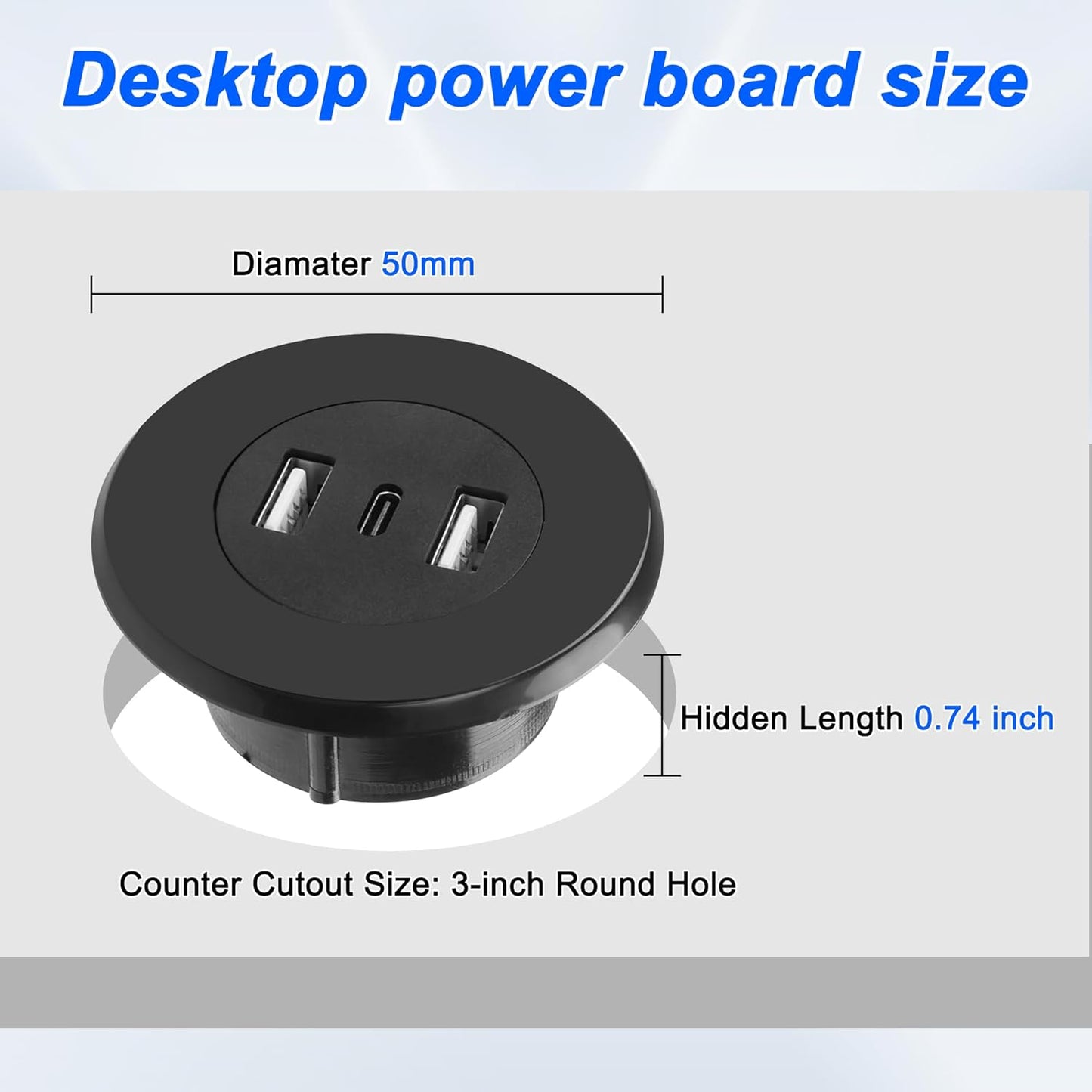 MEIRIYFA 3-in-1 Desktop Power Embedded Charger USB/Type C Desktop Station Mounts Charging Dual USB Multifunctional Desk USB Hub with 6.56 FT Power Cord for Bedside Table, Desks, Furniture