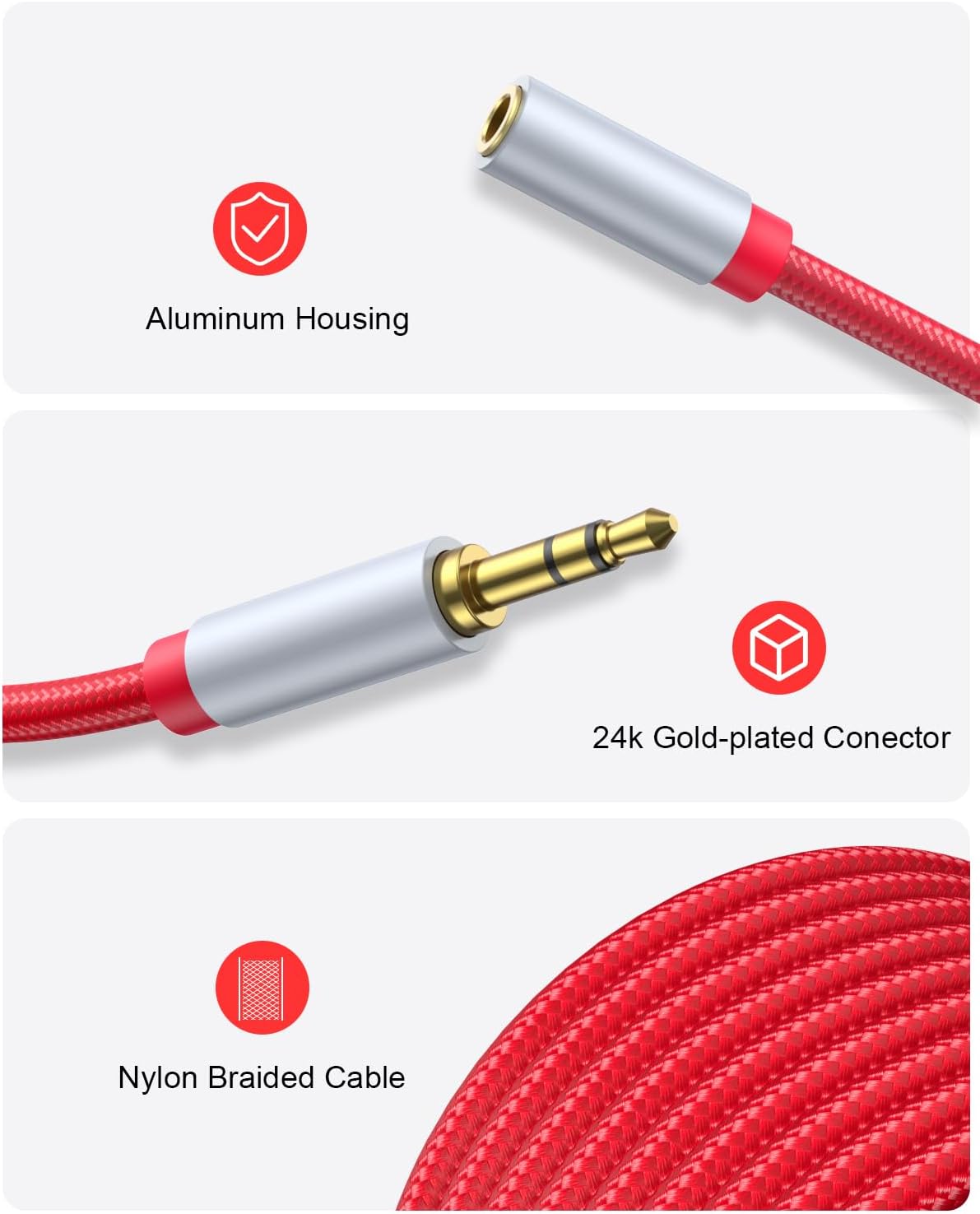3.5mm Extension Cable 6.6ft - Headphone Extension Cable Nylon Braided Aux Cord Extender for Smartphones, Tablets, Media Players (No Mic Support) -Red