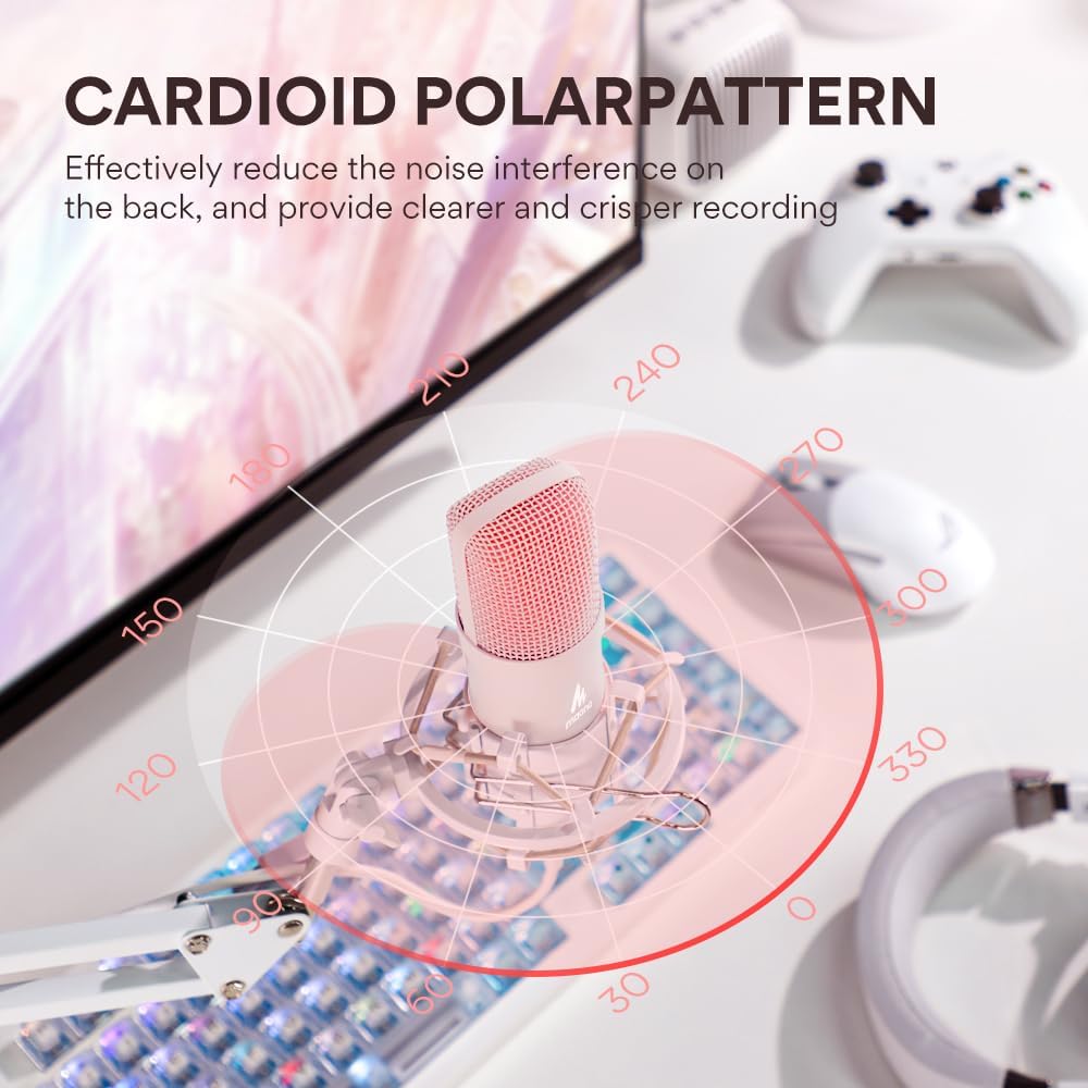 MAONO USB Microphone, 192kHz/24bit Plug & Play PC Computer Podcast Condenser Cardioid Metal Mic Kit with Professional Sound Chipset for Recording, Gaming, Singing, YouTube, AU-A04 Pink