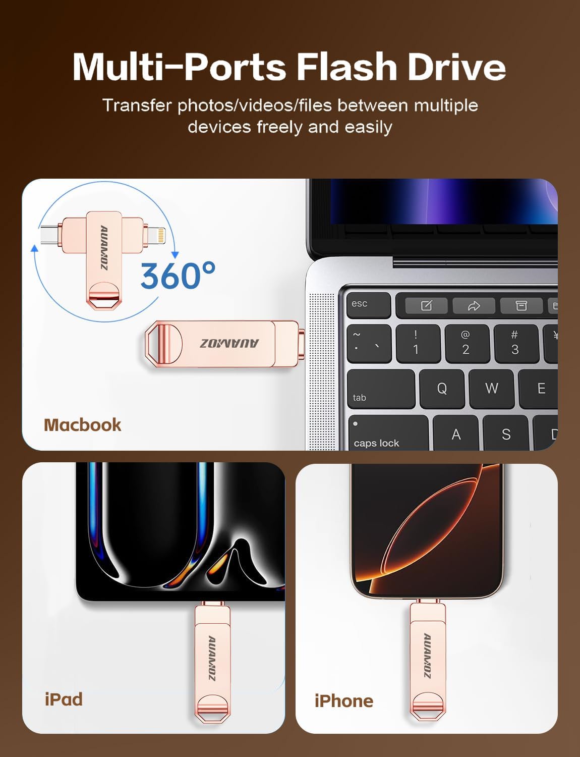 256GB Flash Drive Intended for iPhone, Memory Stick Storage Files Photos Videos Backup, Compatible with iPhone iPad Android PC, Plug and Play, No Application Required (Rose Gold)