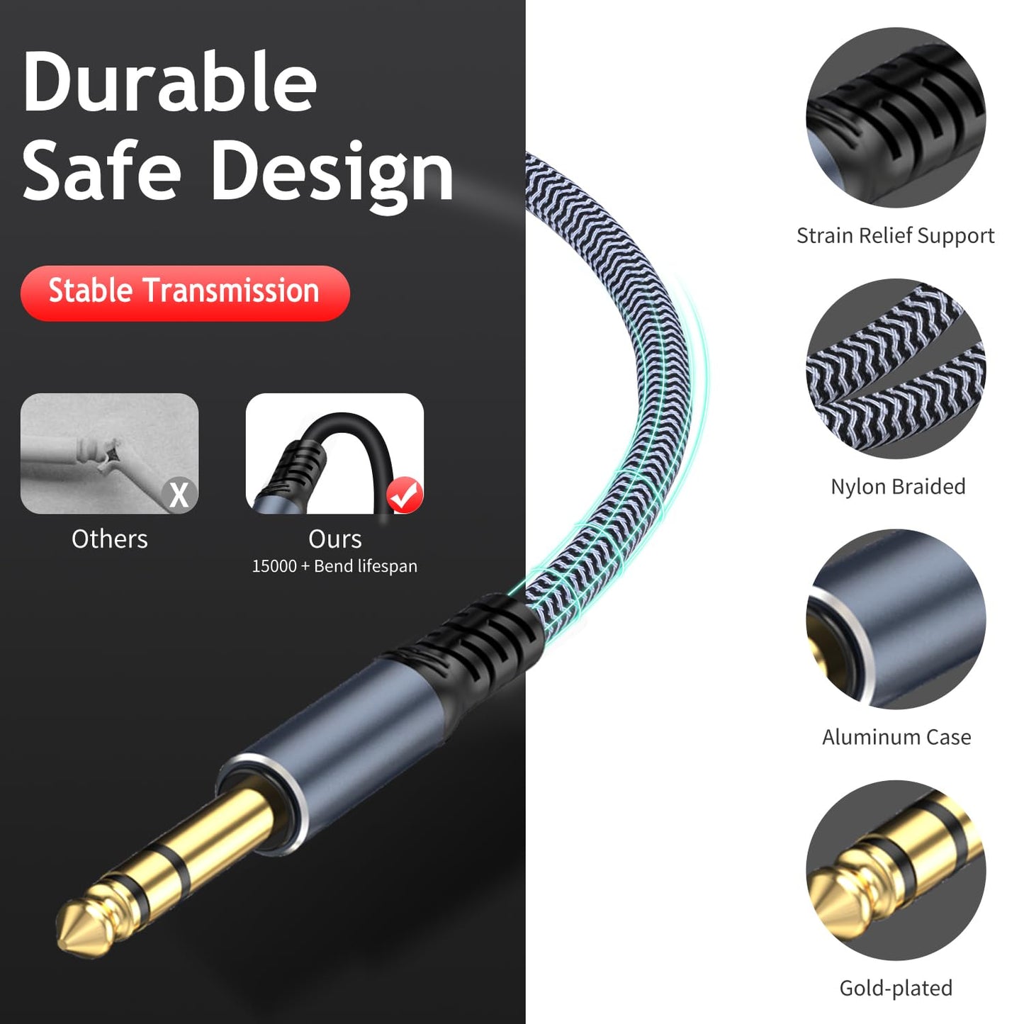 1/4 inch Extension Cable, 50ft, Male to Female Stereo Headphone Guitar Cable Copper Wire, Gold Plated Connectors, Tangle-Free, Compatible with Mixing Console, Speaker, Amplifier, Guitar