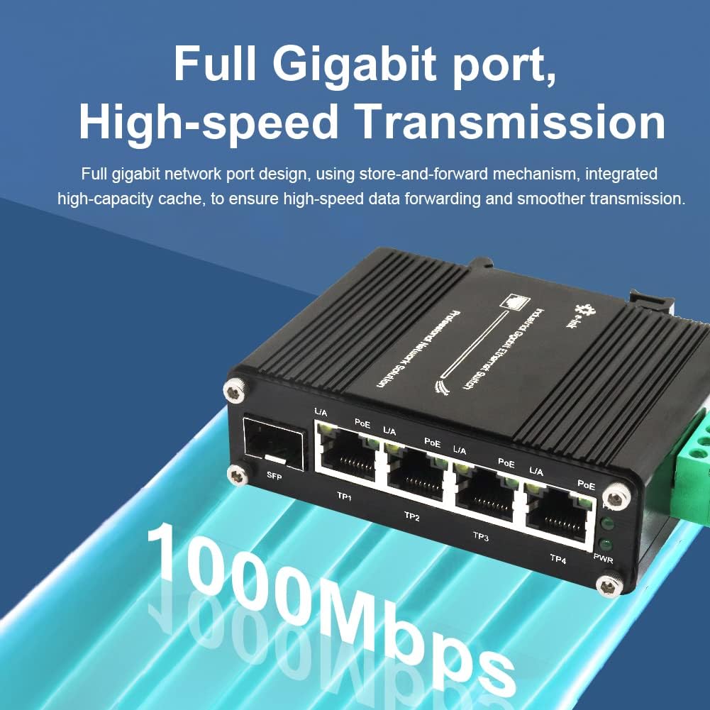 Mini Industrial 4 Port 10/100/1000Mbps Gigabit Ethernet POE + Switch with SFP Port Din Rail/Wall-Mount 4 Port 10/100/1000BASE-T RJ45 + 1 Port 100/1000FX (SFP) Support 12-48V DC