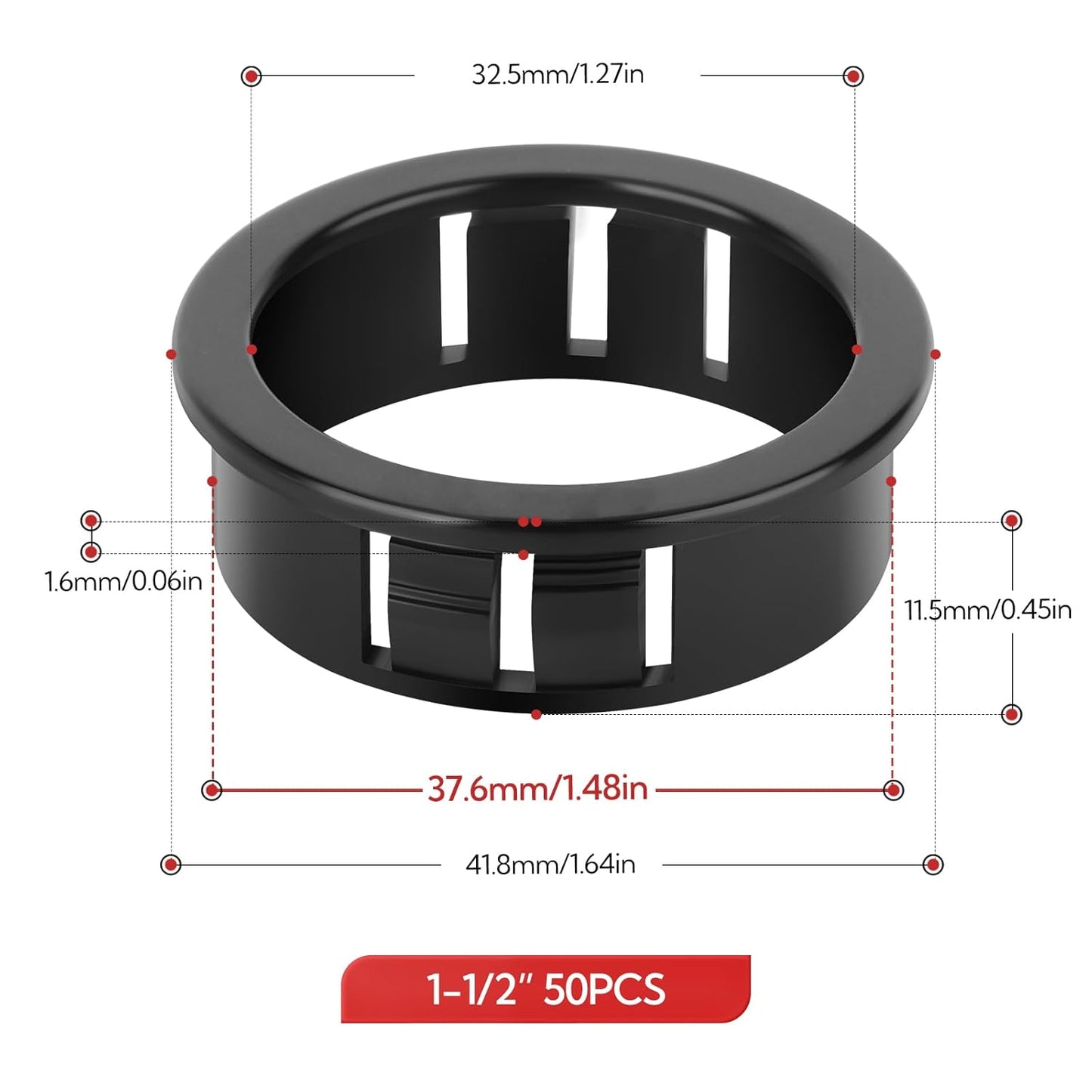 50PCS 1-1/2" Black Cable Snap Bushing Grommet, Snap in Cord Bushing Protect Cables