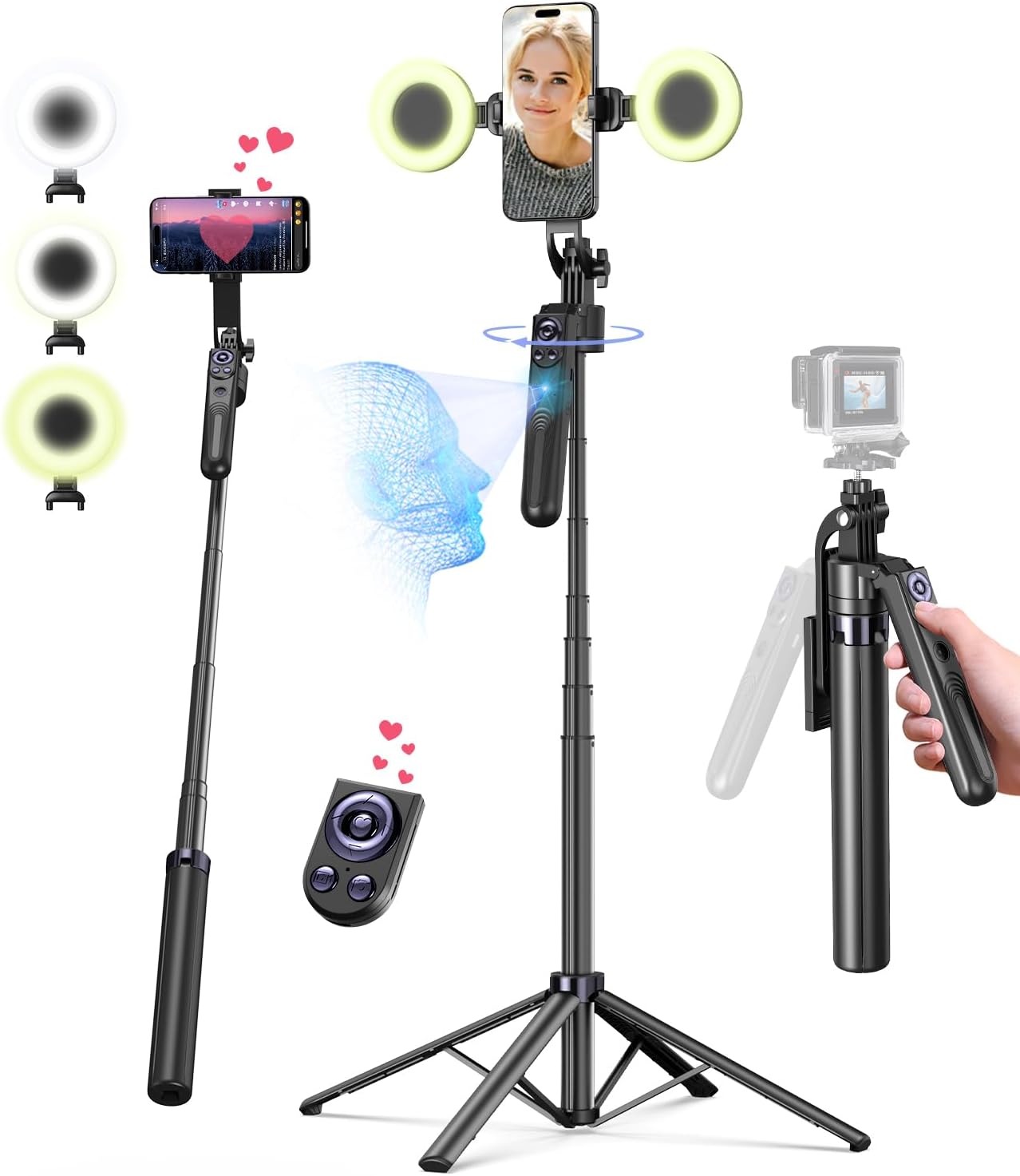 71” Auto Face Tracking Tripod for iPhone with Light,360° Rotating Phone Stand with Rechargeable Remote Control for TikTok Vlog Video Recording, Phone Tripod for Android Camera/GoPro/Ring Light