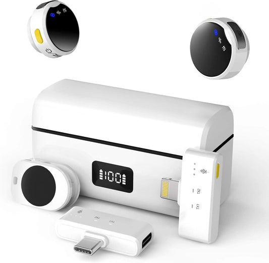 Wireless Lavalier Microphone for iPhone/Android with Lightning/USB C(2 TX+2 RX+Charging Case), Mini Microphone with Noise Cancellation, 35H Battery, Clip on Lapel Mic for Video Recording Vlog