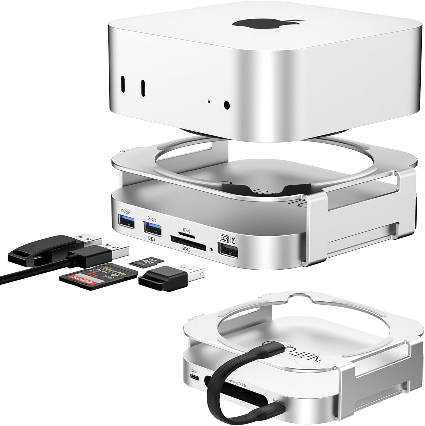 M-ac Mini M4 Dock with 4TB Sam-Sung T7 Portable SSD Enclosure(SSD NOT Included), 7-in-1 Aluminum Hub & Stand for Mac mini M4 and M4 Pro 2024, 10Gbps USB A 3.2, 15CM USB C Cable, SD/TF 4.0 Card Reader