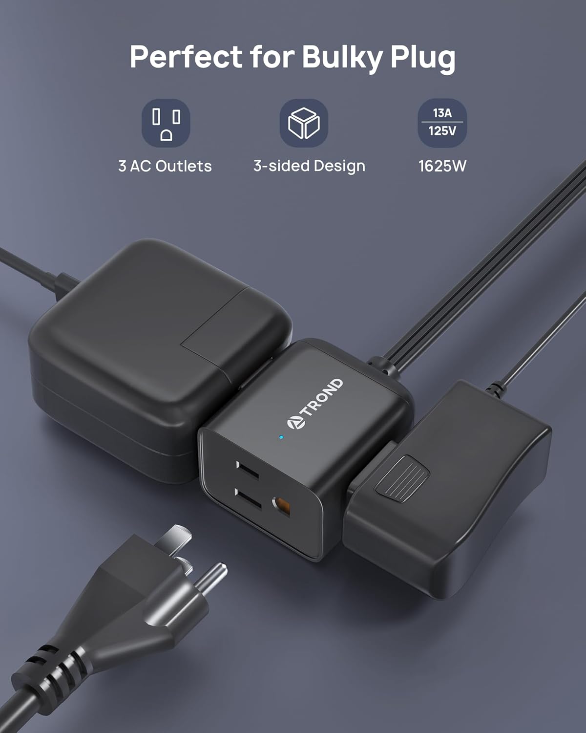 TROND 360° Rotating Flat Plug Extension Cord 3ft, Low Profile Small Power Strip, Three Side Grounded Outlet, 13A, Short SPT 16/3 Gauge Cable for Indoor Home Office Cruise Travel Essentials, Black