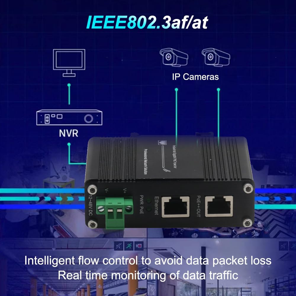 Industrial PoE++ Gigabit Injector 12-48VDC Input - Din Rail/Wall Mount,IEEE 802.3 at,Outdoor Rated Networking Power Supply 95W Ethernet Over Power for Industrial Devices and Camera