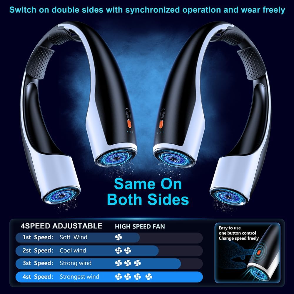 AI Neck Fan, 4 Speeds Adjustable Portable Personal Fan Rechargeable, 4000 mAh Battery Faster Cooling Wearable Fan, Ultra Quiet for Home, Office, Travel, Outdoor - Black