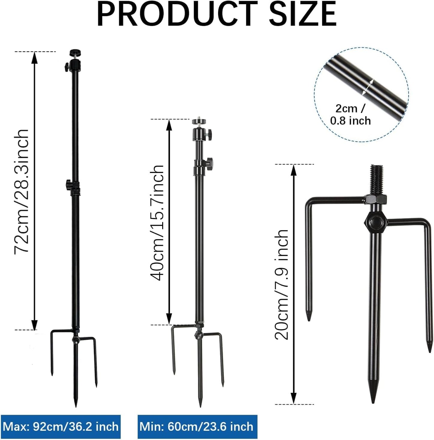 Trail Camera Mount,Height Adjustable (15.7"-28.3") & 360° Rotating Stake,Dual-Mode Base for Soft/Hard Ground Post,Game Cam Stand with 1/4"-20 Thread, Metal pole for Solar Panels,Hunting,Wildlife.2Pcs