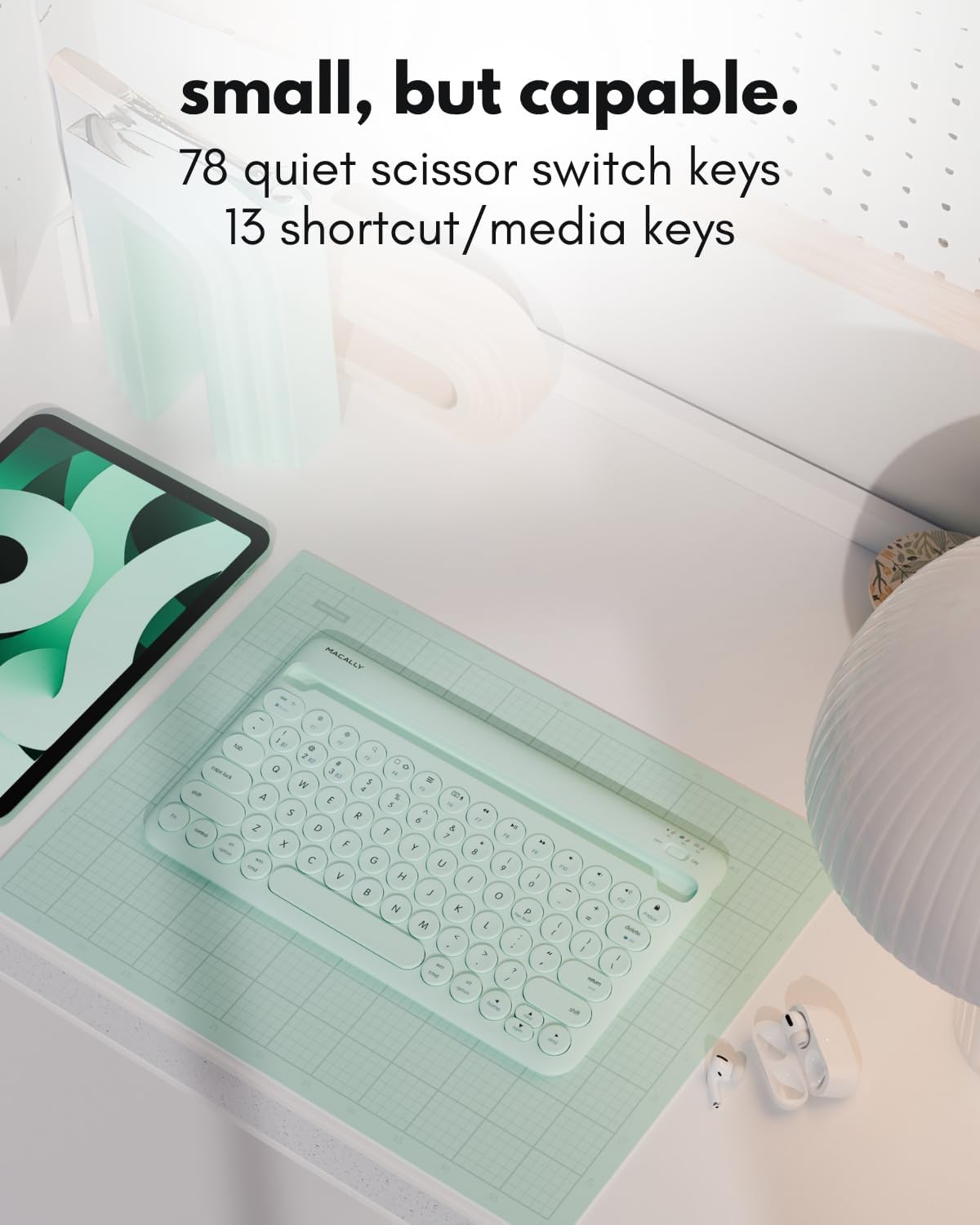 Macally Bluetooth Keyboard for Tablet | Wireless Keyboard for iPad mini/Air/Mini, iPhone (Multi-Device, Built-in Stand, Rechargeable) Easy to Use and Cute Portable - Mint Green