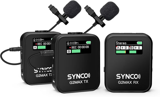SYNCO Wireless Lavalier Microphone, G2(A2) MAX 2.4G Dual Transmitter 24 Hours Recording 656FT 8H for Online Class Vlog Stream YouTube for DSLR Phone Laptop, Professional-Lapel-Mics-for-Cameras
