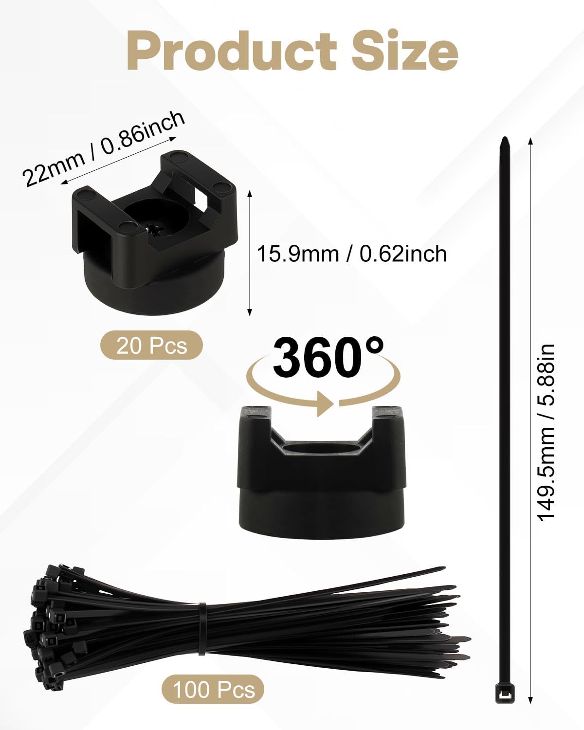 Magnetic Cable Clips Zip Tie Mount Base, Include 20 Pcs 20mm Magnetic Wire Cable Holders with 100 Pcs Heavy Duty Zip, Multipurpose Cable Ties Management Base for Wire, Black