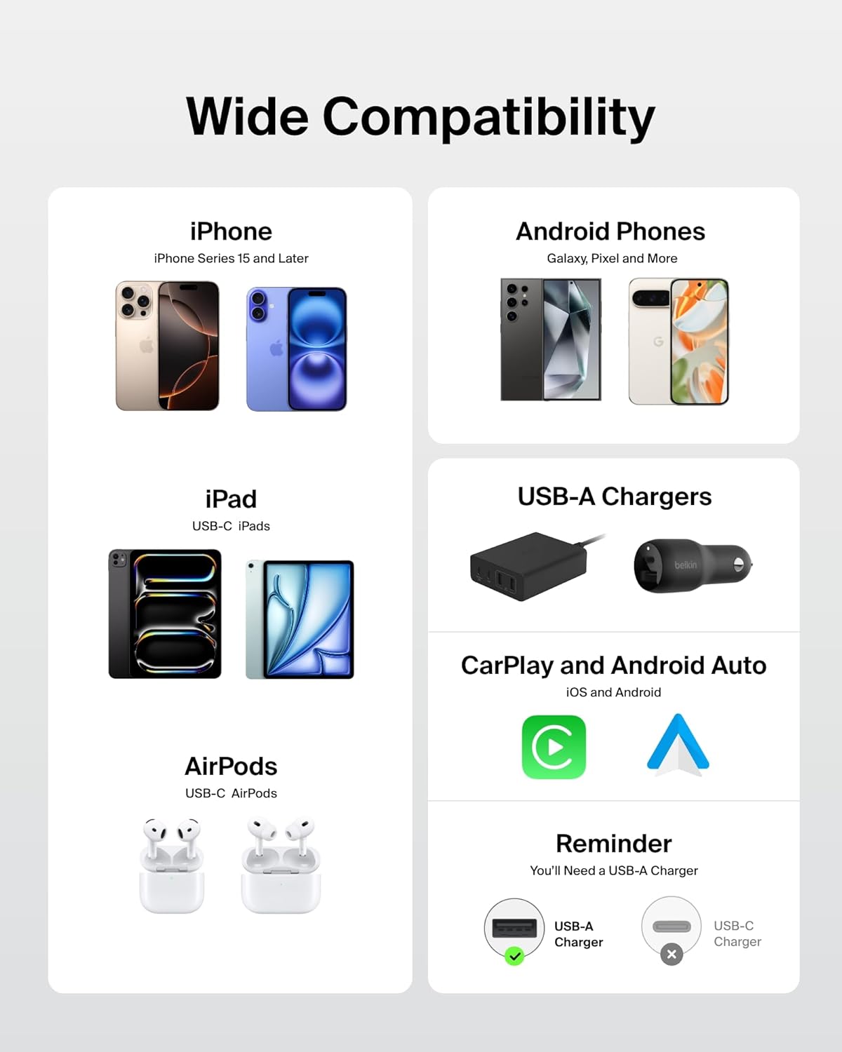 Belkin USB A to USB C Cable, 6.6ft, 15W - Type C Charger, iPhone Charger Cord, Soft, Braided, Flexible for iPhone 16 & 15, Galaxy S25, Pixel 9, iPad Pro, Airpods Pro, Switch & More - White