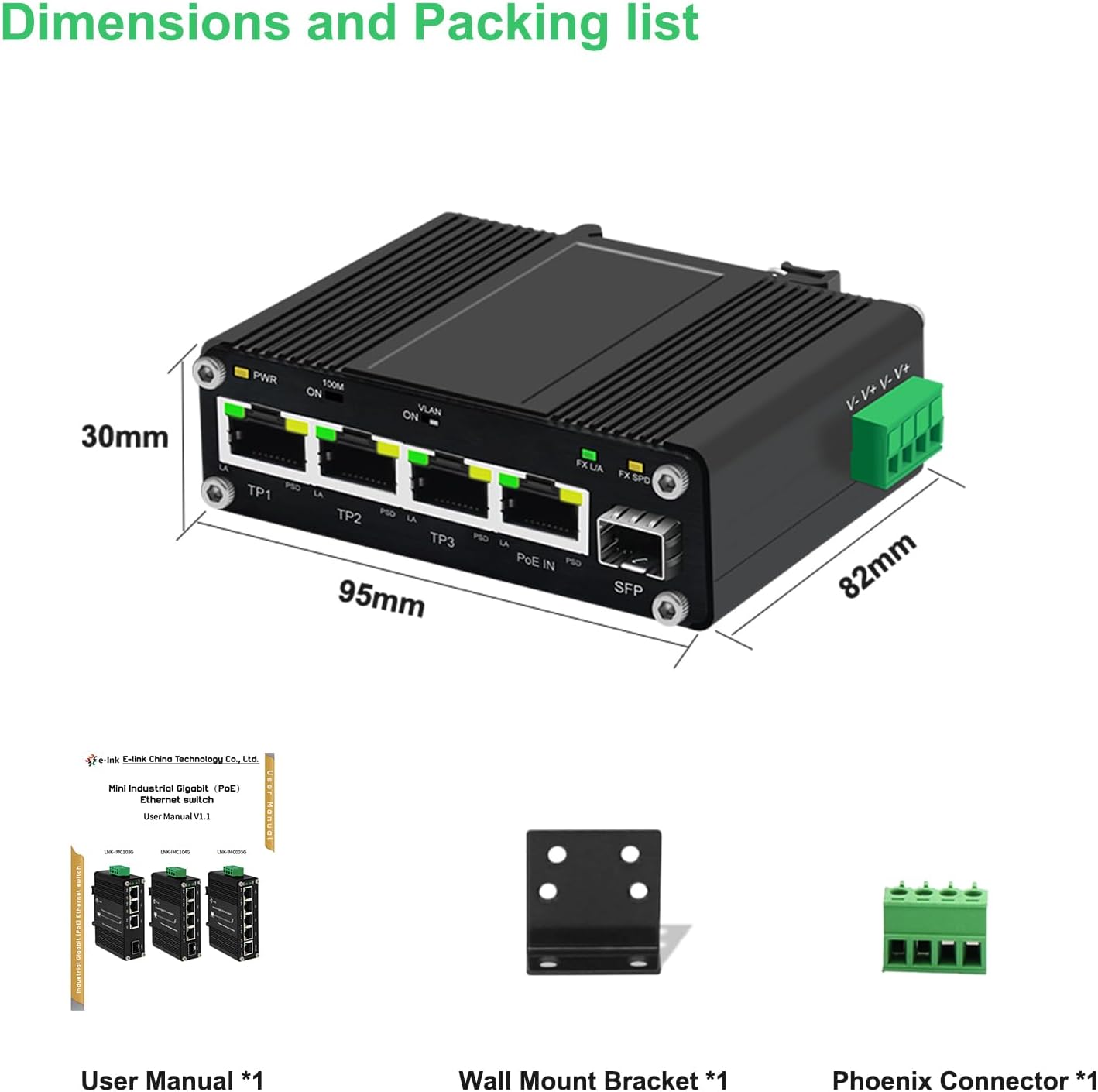 Mini Industrial 4 Port 10/100/1000Mbps Gigabit Ethernet Switch with SFP Port IEEE 802.3at/bt PoE Power Support PoE Splitter Function Din Rail/Wall-Mount VLAN
