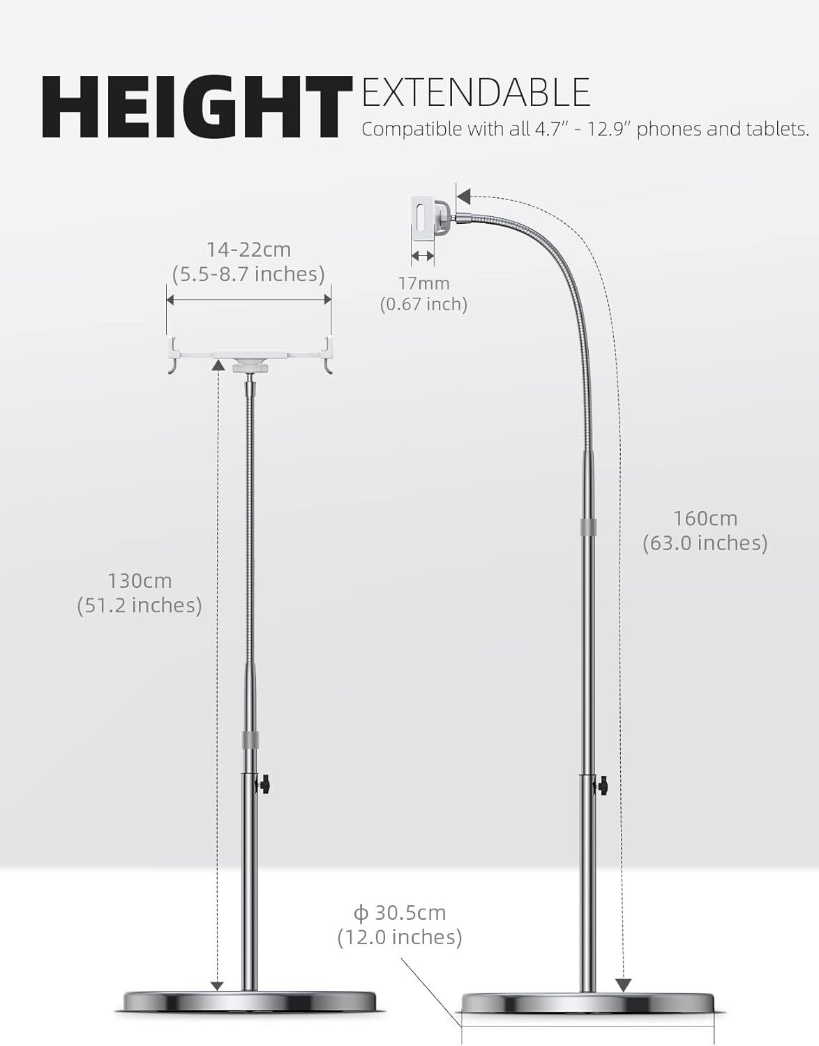 Lamicall Tablet Floor Stand Gooseneck - Swivel Tablet Holder Mount with Adjustable Height & 10.6lb Stable Base, Compatible with iPad Mini Air Pro 12.9/9.7, Tab, Kindle, Surface Pro, Phones (4.7-13")