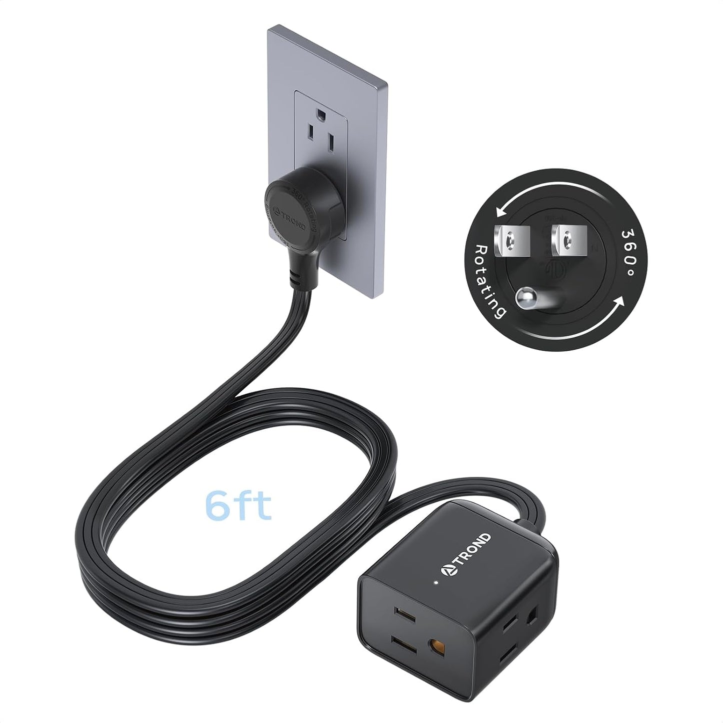 TROND 360° Rotating Flat Plug Extension Cord 6ft, Low Profile Small Power Strip, 3 Side Grounded Outlet, 13A, SPT 16/3 Gauge Cable for Indoor Home Office Kitchen Cruise Travel Essentials, Black