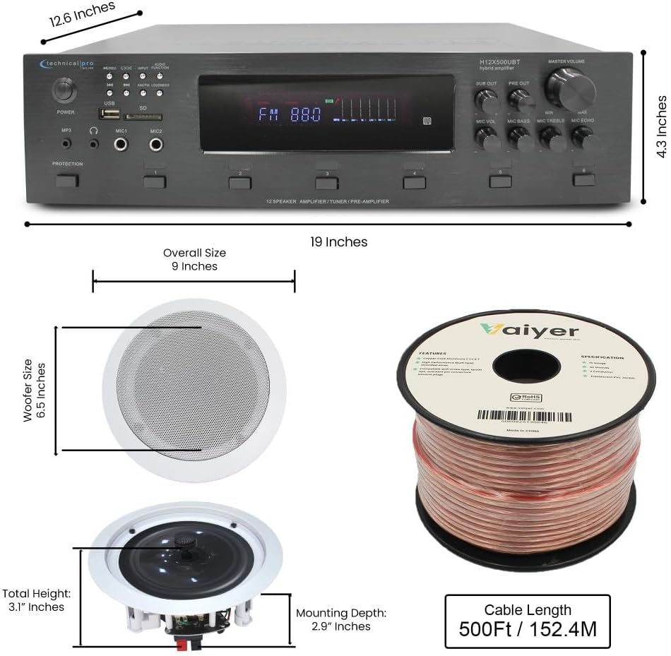 Vaiyer Home Audio System Kit, 6-Channel 6000 Watts Bluetooth Amplifier with 6.5" 12 Qty of 200 W Each in-Wall in-Ceiling Speakers & 16 AWG 500 ft. Speaker Wire - Perfect for Home, Office, Restaurants