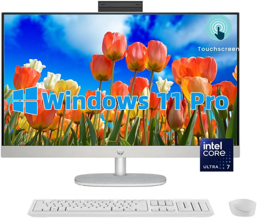 HP All-in-One Desktop - 27'' FHD Touchscreen Computer, Windows 11 Pro, Intel 12-core Ultra 7 155U(Beats i7-1355U), Wi-Fi 6, Bluetooth, Adjustable Height, Anti-Glare (64GB RAM | 2TB SSD)