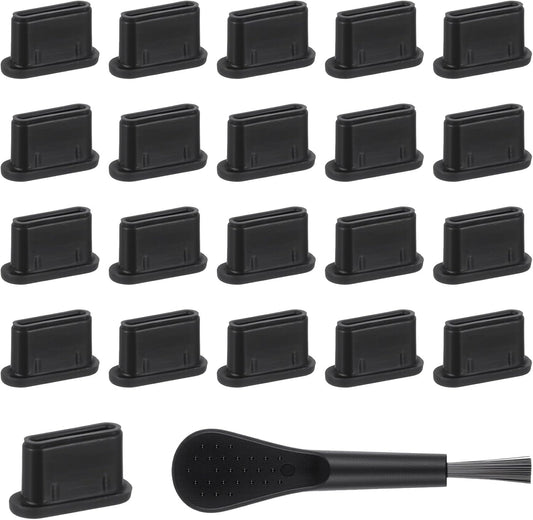 20 PCS USB C Dust Plug, Black Silicone Type C Anti Dust Plugs with Cleaning Brush Cover Type C Port Protector Cap Charging Port Dust Plug Cover for Most Type C Mobile Phone Tablet Accessories