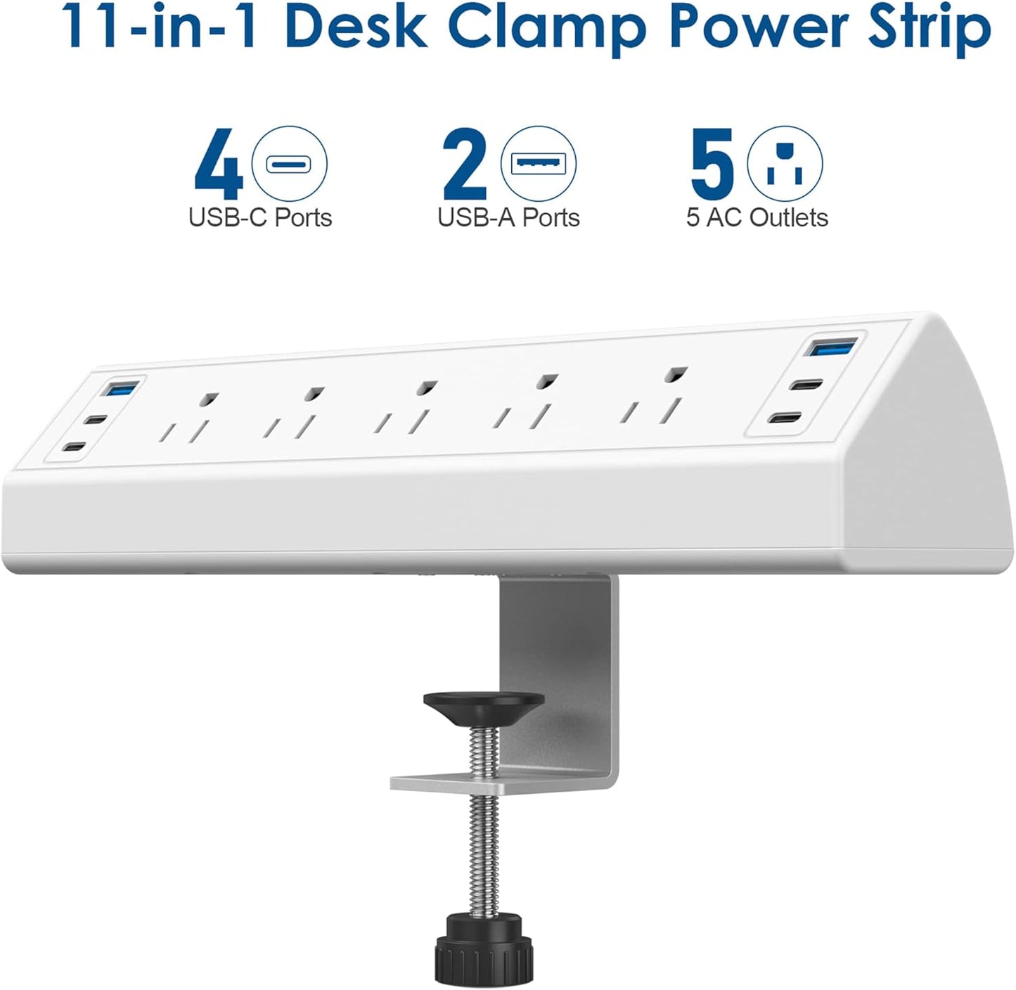 Desk Clamp Power Strip USB C,Under Desk Mount Power Station,20W Fast Charging,Fits 1.9'' Tabletop Edge,Desk Surge Protector,Perfect Home,Office Supplies (White, 5 Outlets & 6 USB Ports & 15 FT Cable)