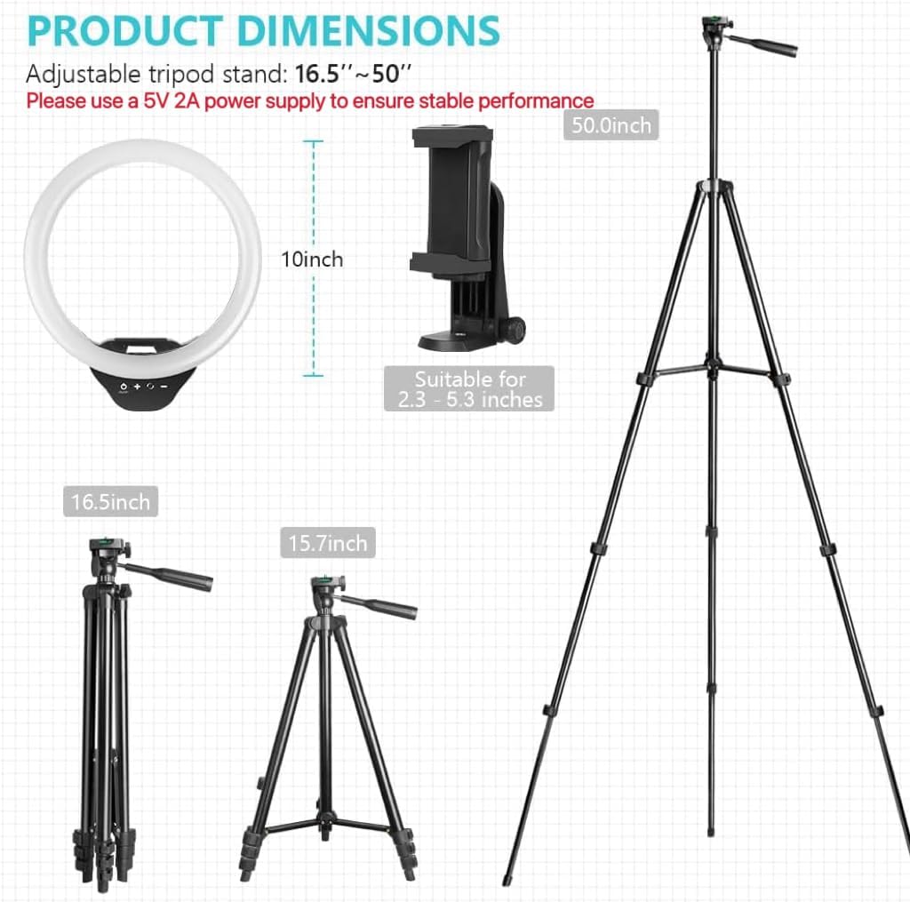 Sensyne 10'' Ring Light with 50'' Extendable Tripod Stand, LED Circle Lights with Phone Holder for Live Stream/Makeup/YouTube Video/TikTok, Compatible with All Phones